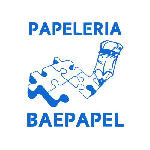 Logotipo de Papelería Baepapel: un puzle azul y un lápiz